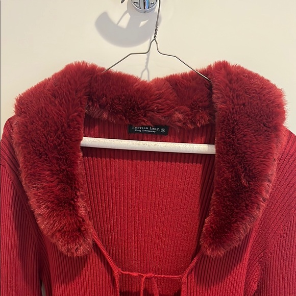 Red Ribbed Knit Duster Jacket  with Faux Fur Collar - Picture 2 of 6